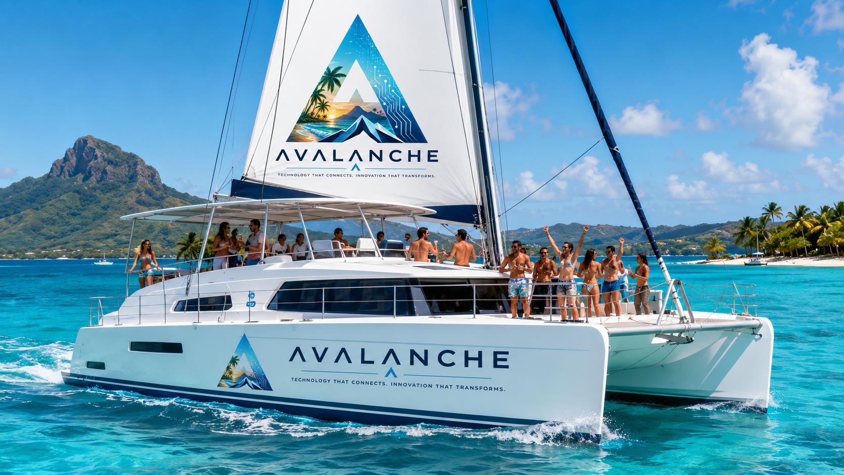 Avalanche catamaran party in turquoise Caribbean water
